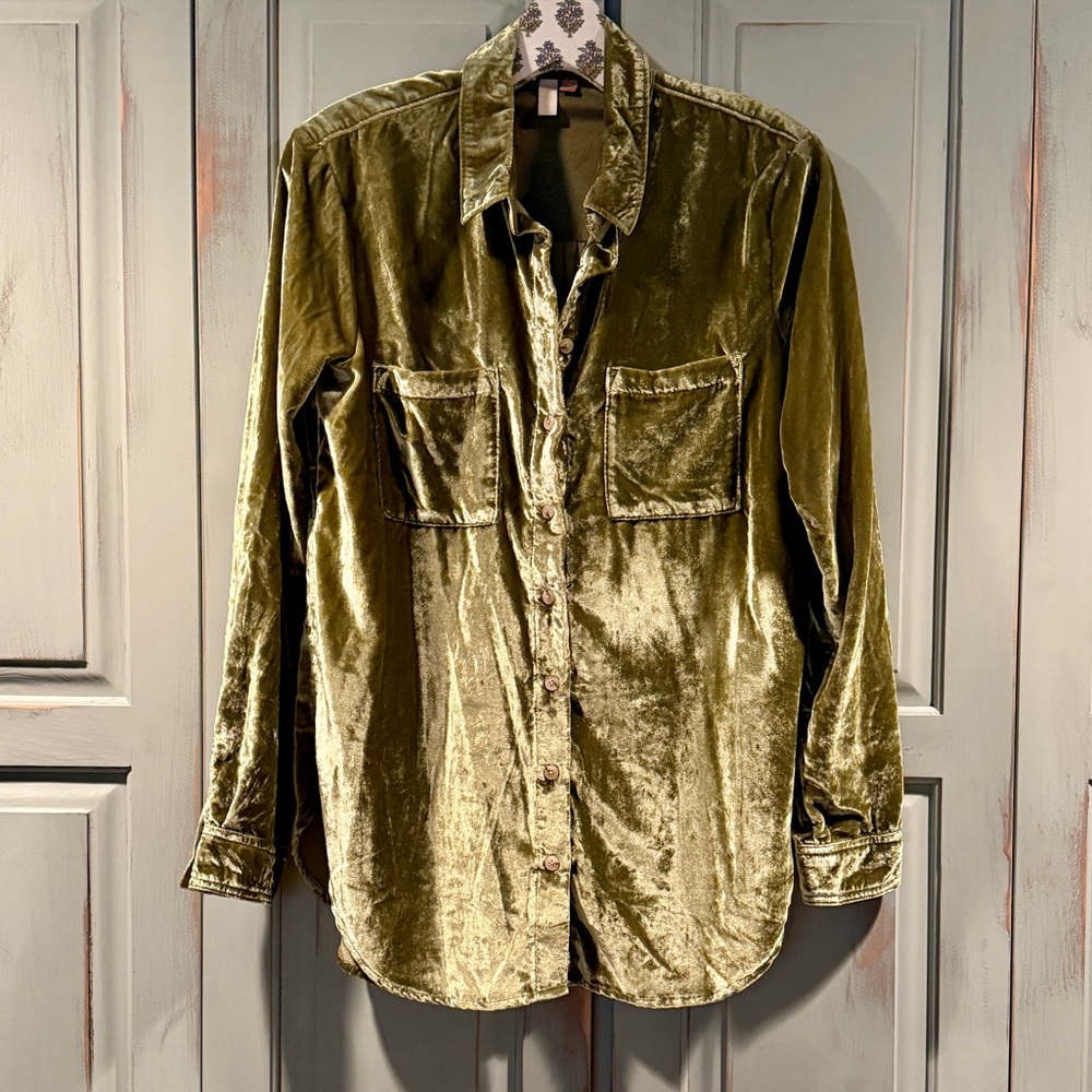 Anthropology Velvet Button-Up Shirt in Olive Green